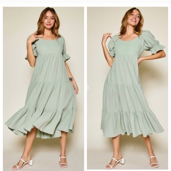 Beautiful Laura Short Sleeve Tiered Midi Prairie Cotton Dress - Picture 6 of 6